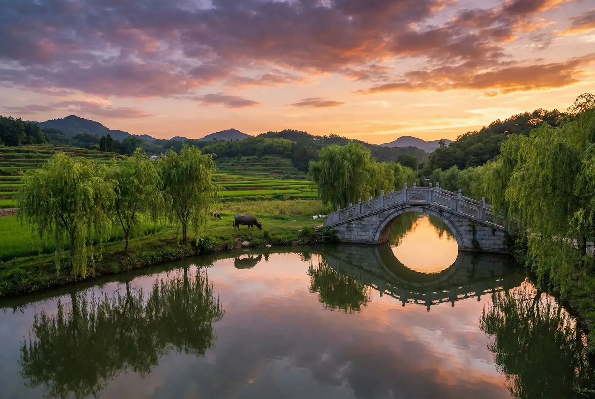 夕阳下的石拱桥与垂柳，水牛在河边吃草 - 斗罗大陆美女隐私 乡村美景
